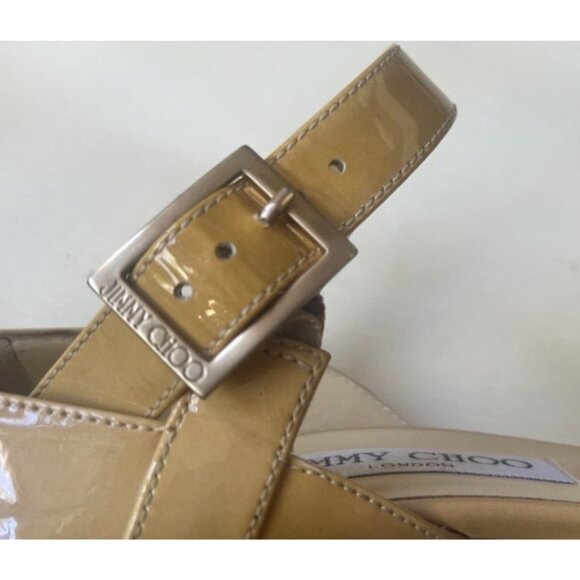 Jimmy Choo Peep Toe Mary Jane heel Sz 37 buckle Italy yellow nude gold bag - Picture 2 of 7